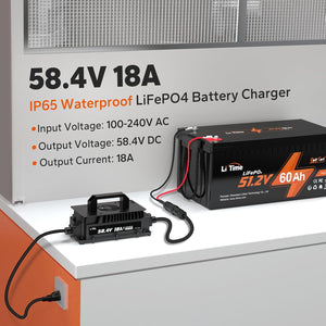 LiTime 58.4V 18A Lithium Battery Charger for 48V (51.2V) LiFePO4 Battery,IP65 Waterproof,AC-DC Smart Charger for Golf cart, Electric Outboard, Boat and Home