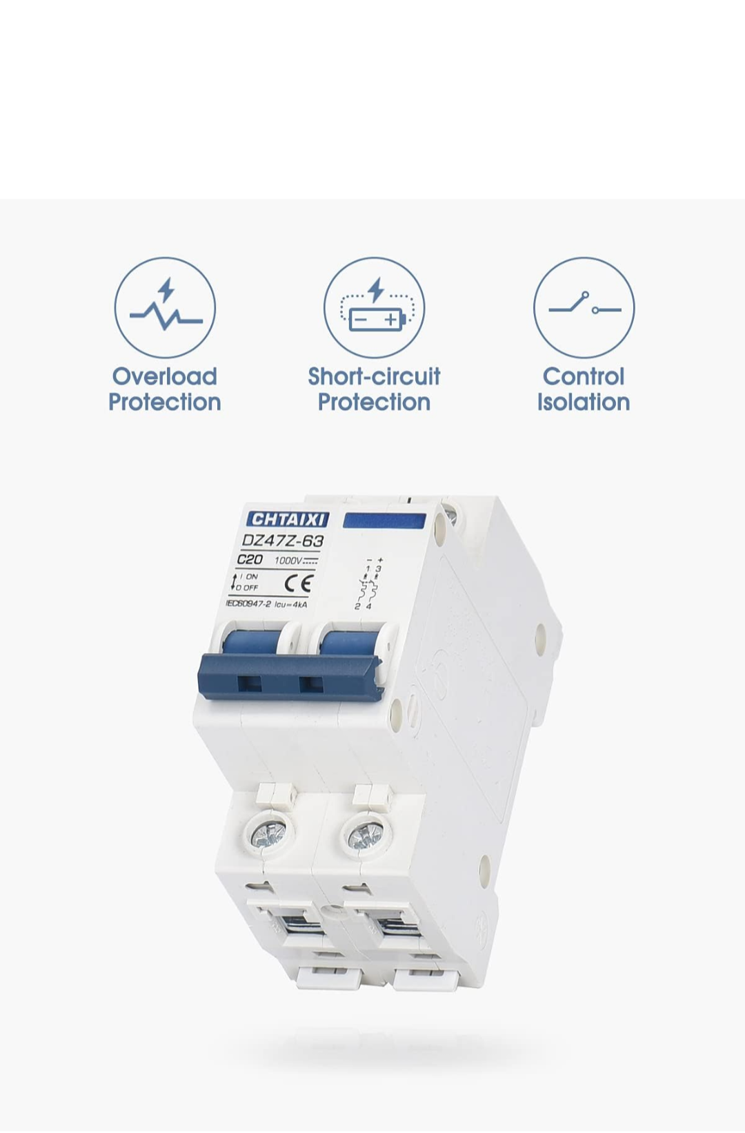 DC Miniature Circuit Breaker, 2 Pole 1000V 20 Amp Isolator for Solar PV System, Thermal Magnetic Trip, DIN Rail Mount, Chtaixi DC Disconnect Switch C20