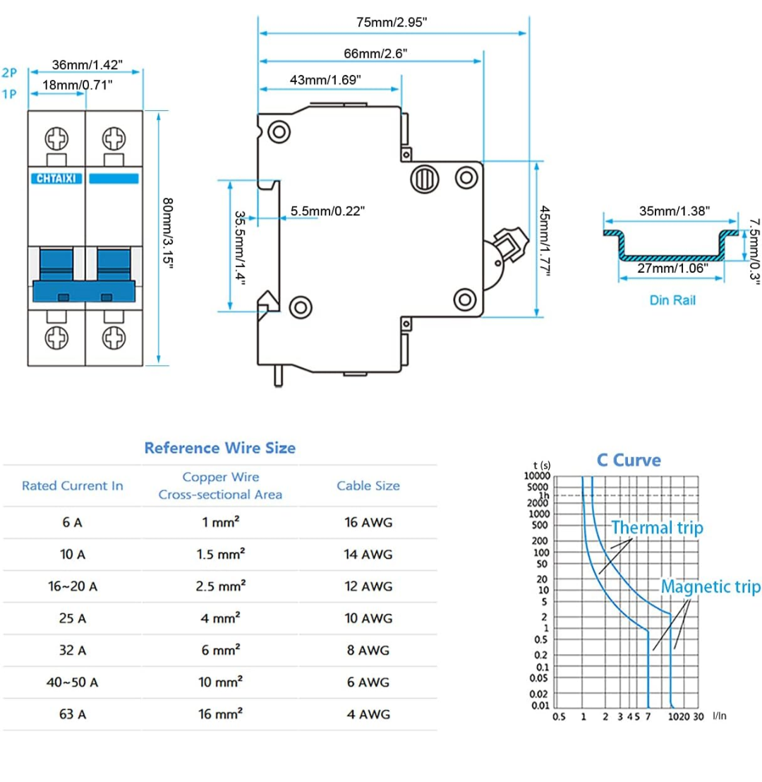 DC Miniature Circuit Breaker, 2 Pole 1000V 20 Amp Isolator for Solar PV System, Thermal Magnetic Trip, DIN Rail Mount, Chtaixi DC Disconnect Switch C20