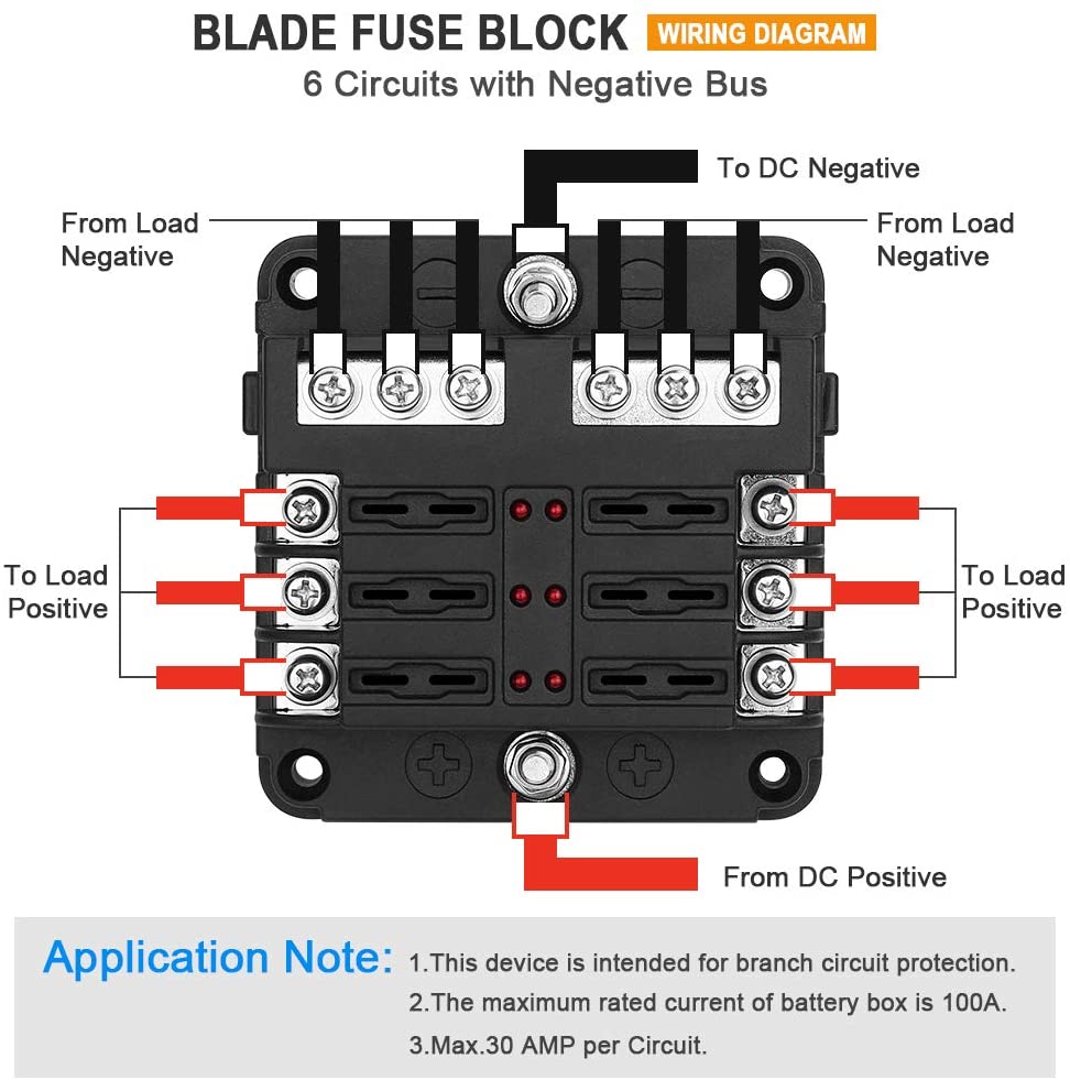 6 Blade Fuse Box (DC 12-24V) for DIY Off- Grid Solar, Vans, RV Automotive, Fuses Included