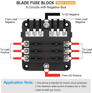 6 Blade Fuse Box (DC 12-24V) for DIY Off- Grid Solar, Vans, RV Automotive, Fuses Included