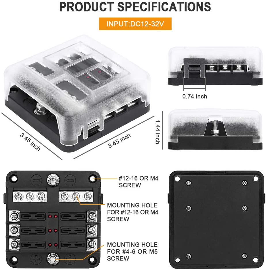 6 Blade Fuse Box (DC 12-24V) for DIY Off- Grid Solar, Vans, RV Automotive, Fuses Included