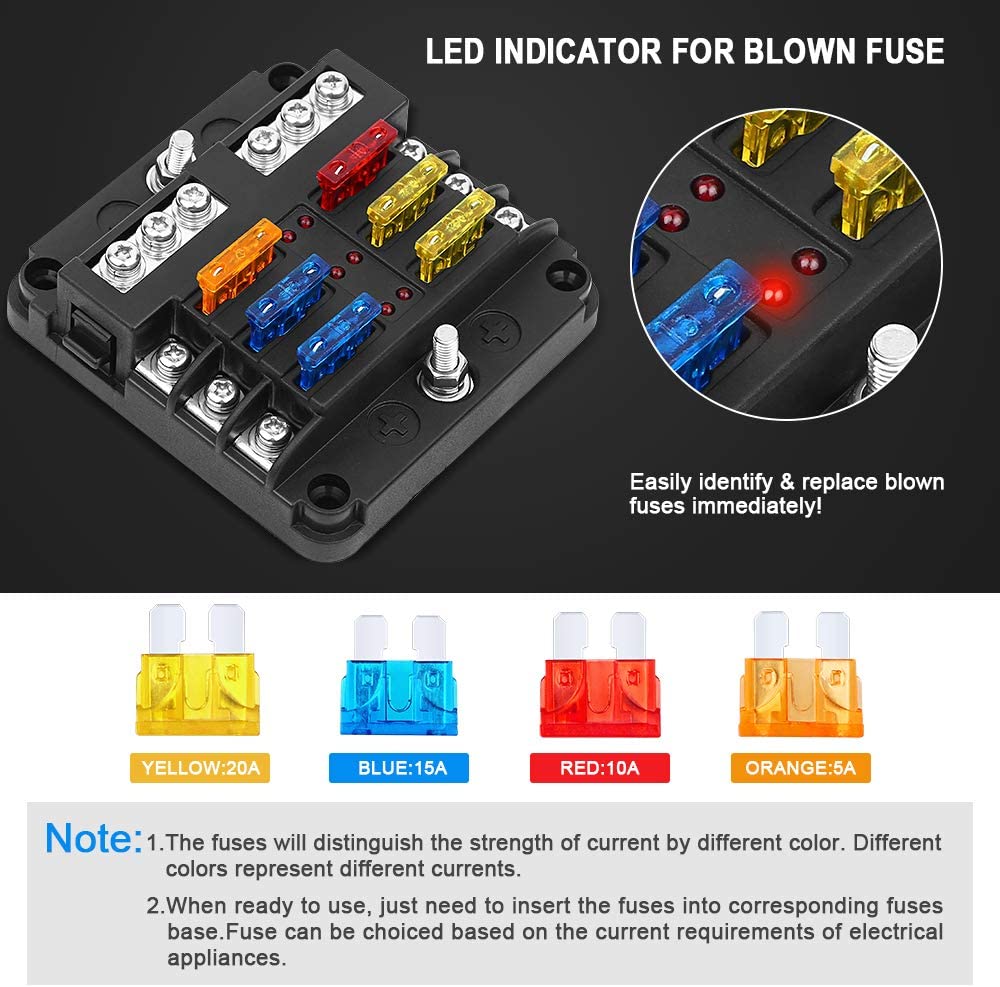 6 Blade Fuse Box (DC 12-24V) for DIY Off- Grid Solar, Vans, RV Automotive, Fuses Included