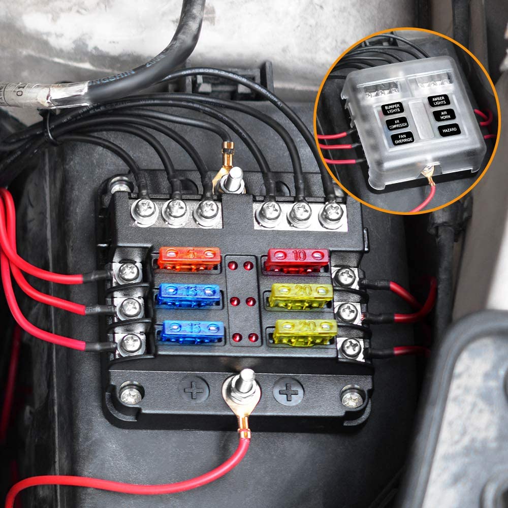 6 Blade Fuse Box (DC 12-24V) for DIY Off- Grid Solar, Vans, RV Automotive, Fuses Included