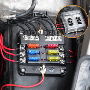 6 Blade Fuse Box (DC 12-24V) for DIY Off- Grid Solar, Vans, RV Automotive, Fuses Included
