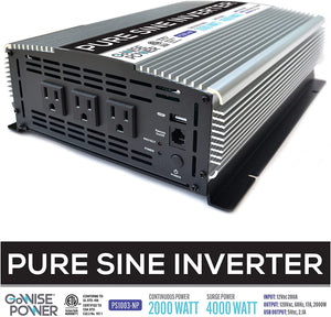 GoWISE Power | 2000W Pure Sine Wave Power Inverter 12V DC to 120V AC with 3 AC Outlets + 1 5V USB Port, Remote Switch and 2 Battery Cables (4000W Peak) PS1003,