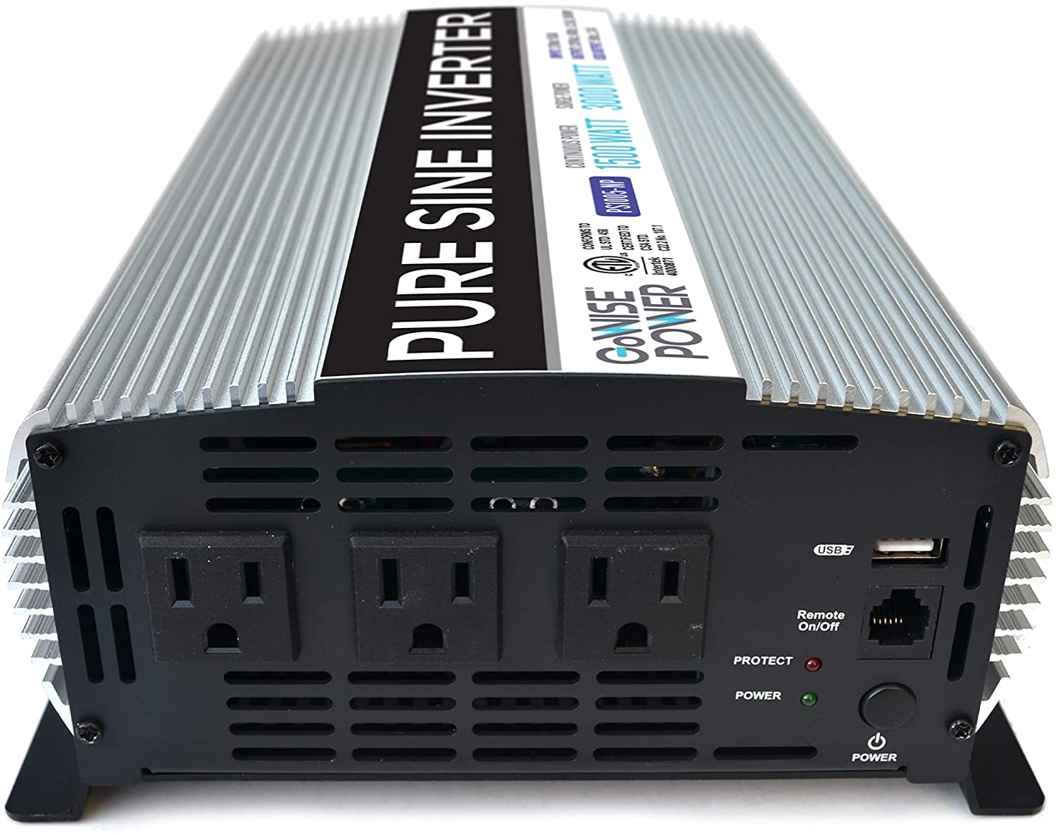 GoWISE Power | 1500/3000 Watt Pure Sine Wave Inverter 12V DC to 120V AC with 2 AC Outlets + 1 5V USB Port and 2 Clamp Cables (1200W Peak) PS1005