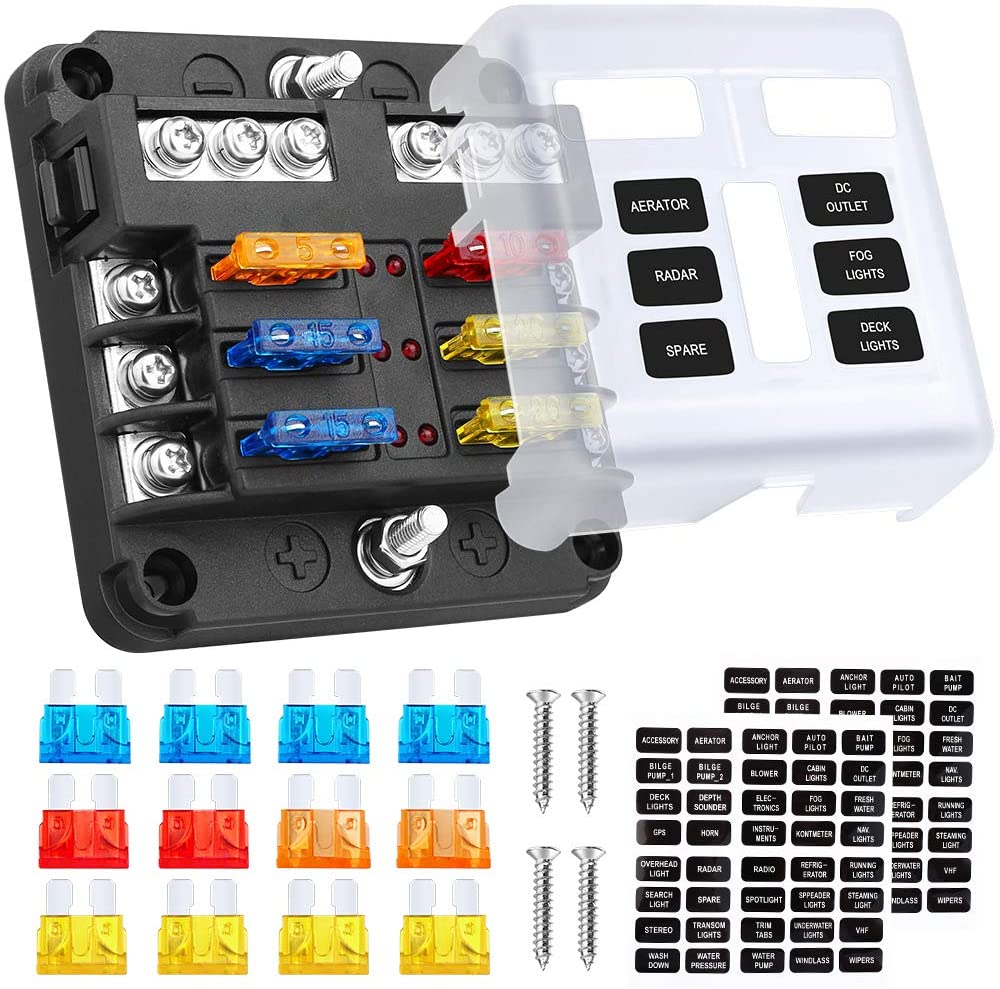 6 Blade Fuse Box (DC 12-24V) for DIY Off- Grid Solar, Vans, RV Automotive, Fuses Included