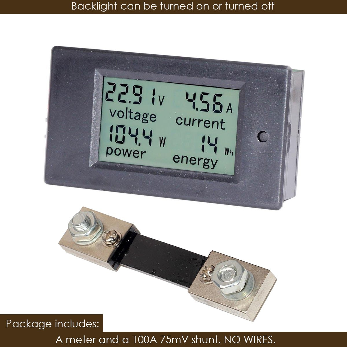 DC  Multimeter/Voltmeter  with  LCD Digital Display  (Current, Voltage, Power, Energy)  with 100A Current Shunt; DC 6.5-100V 0-100A
