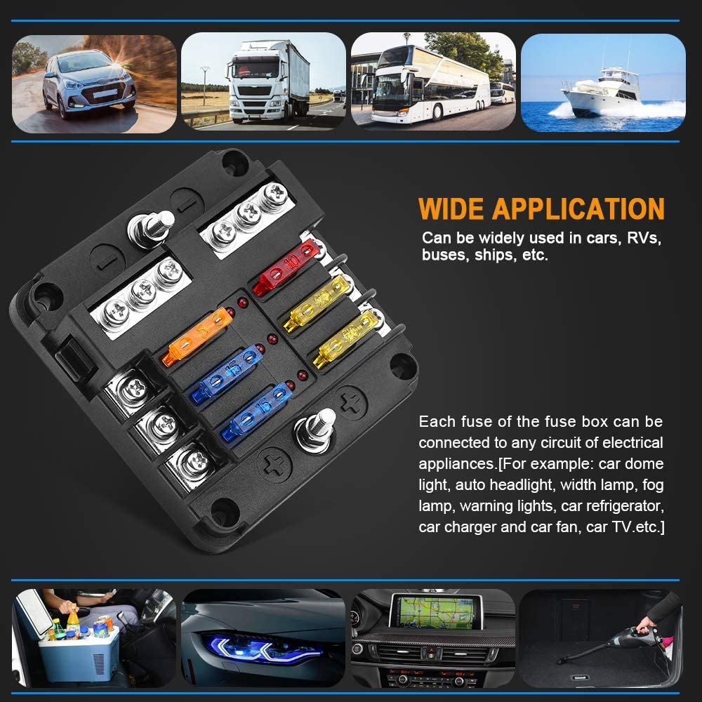 6 Blade Fuse Box (DC 12-24V) for DIY Off- Grid Solar, Vans, RV Automotive, Fuses Included