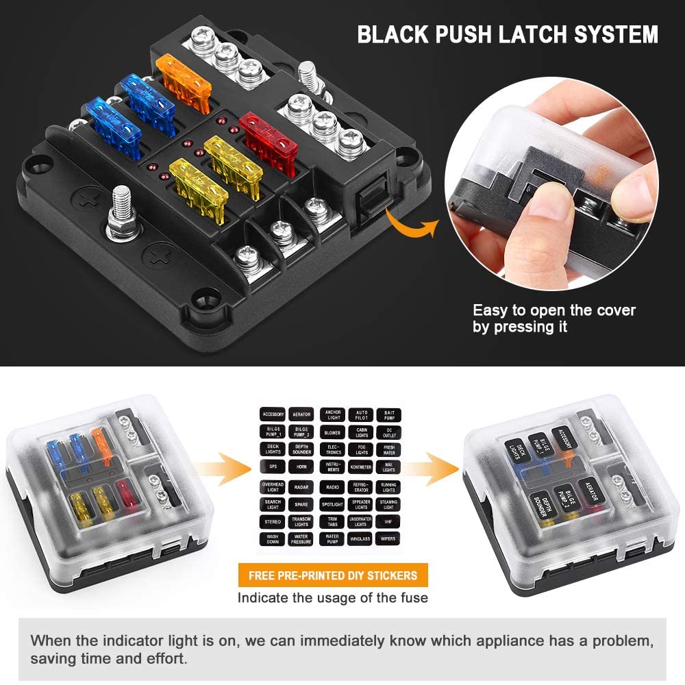 6 Blade Fuse Box (DC 12-24V) for DIY Off- Grid Solar, Vans, RV Automotive, Fuses Included