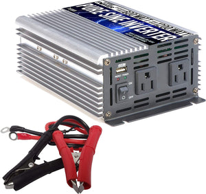 GoWISE Power | 600W Pure Sine Wave Inverter 12V DC to 120V AC with 2 AC Outlets + 1 5V USB Port and 2 Clamp Cables (1200W Peak) PS1001