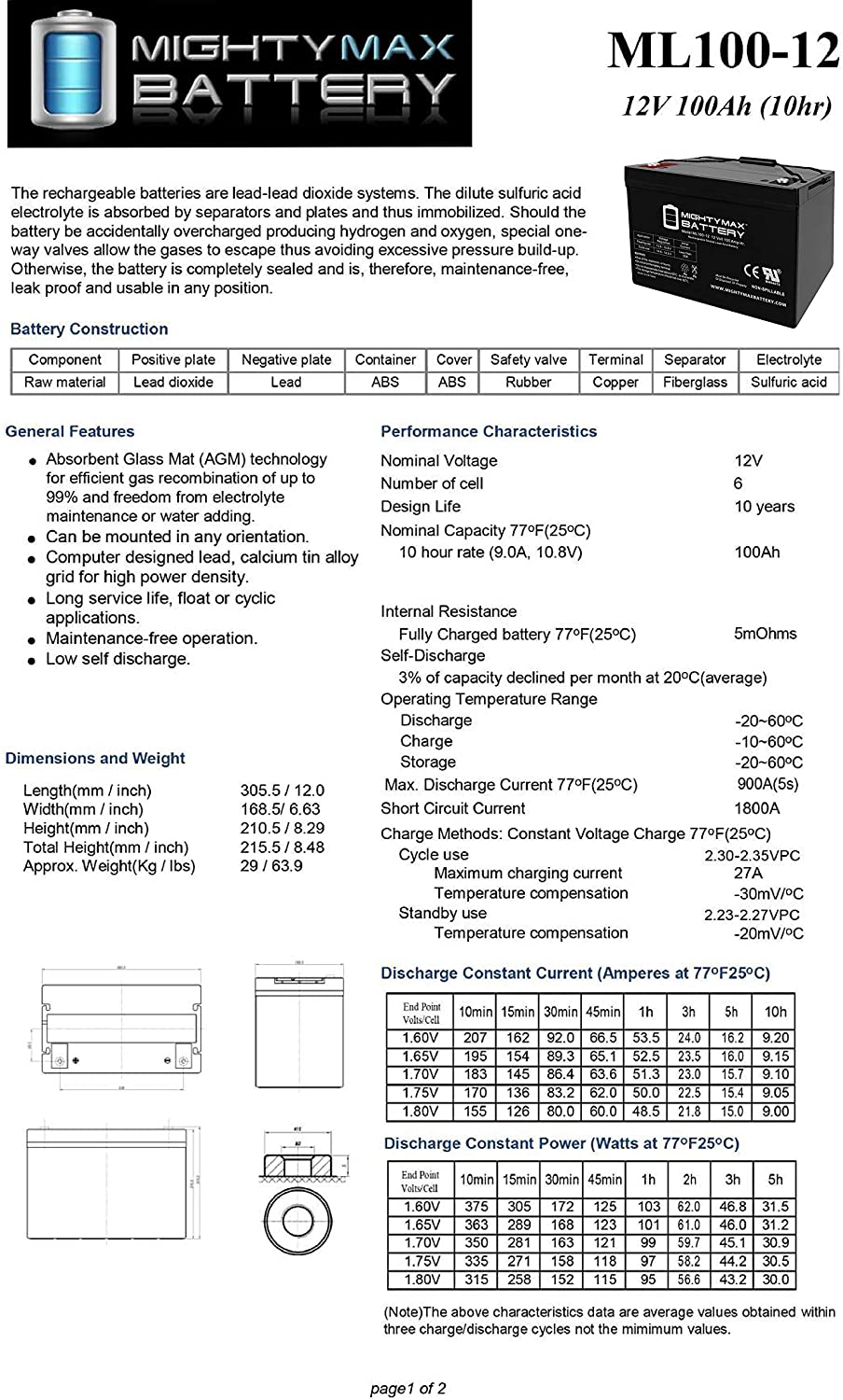 Mighty Max Solar Battery 12V-100Ah