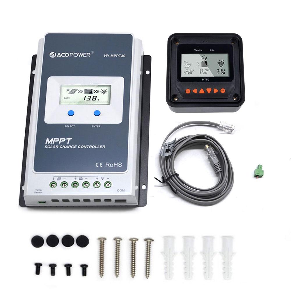ACOPOWER 30A MPPT Solar Charge Controller with Remote Meter MT-50