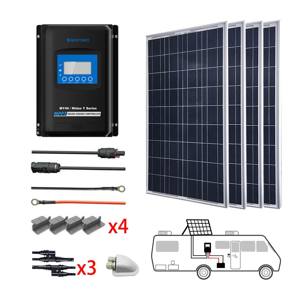 ACOPOWER 400W 12V  Poly Solar RV Kits, 40A MPPT Charge Controller