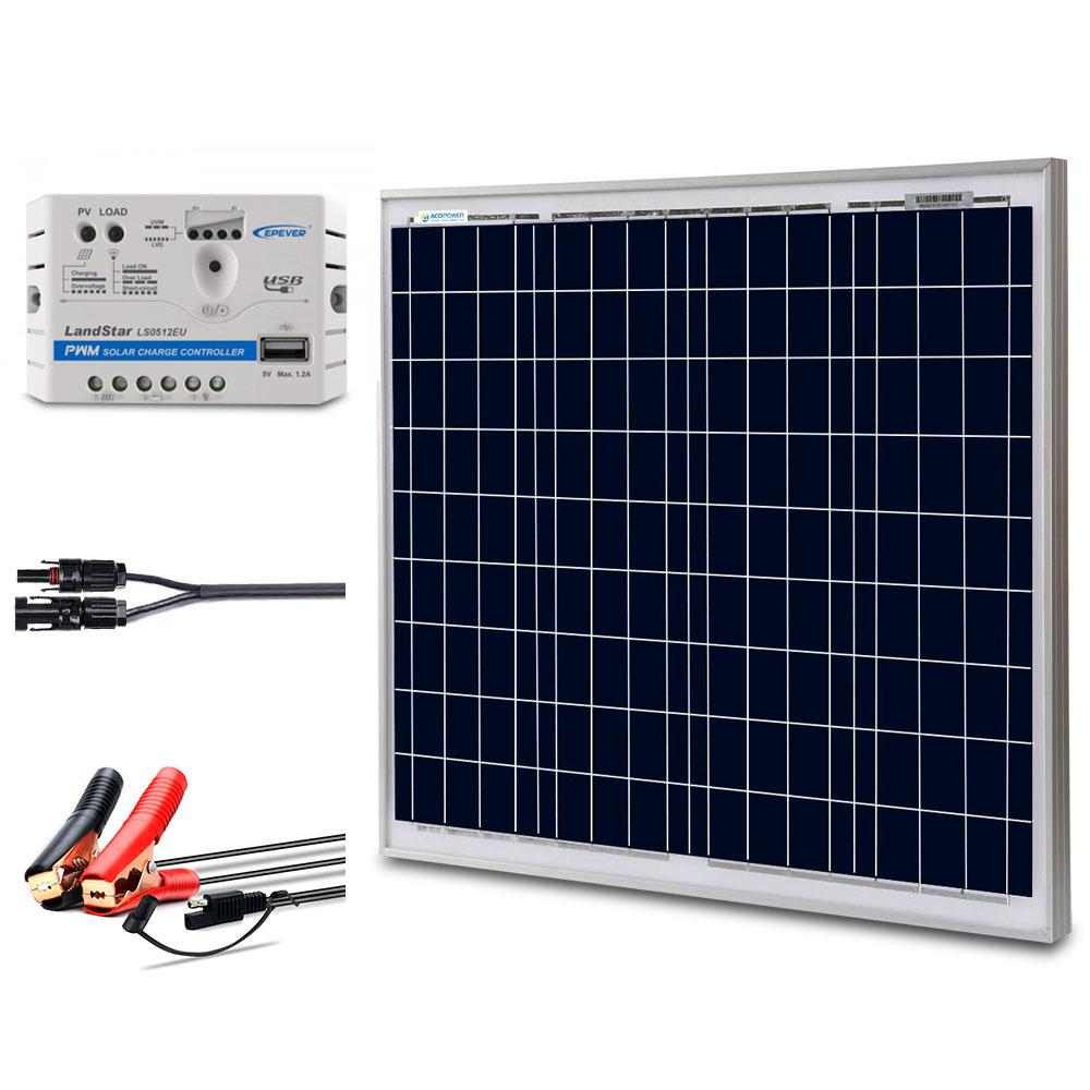 ACOPOWER 50W 12V Solar Charger Kit, 10A Charge Controller with Alligator Clips